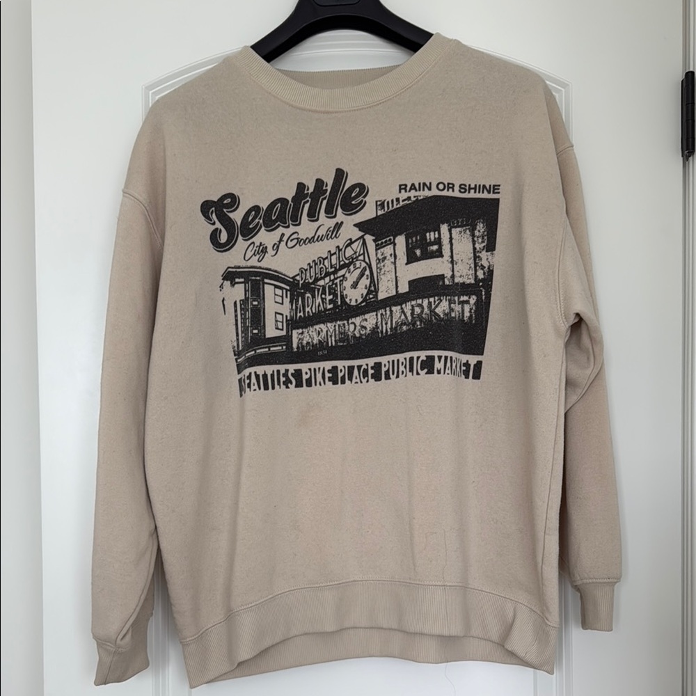 Refuge Beige Seattle Graphic Crewneck Sweater